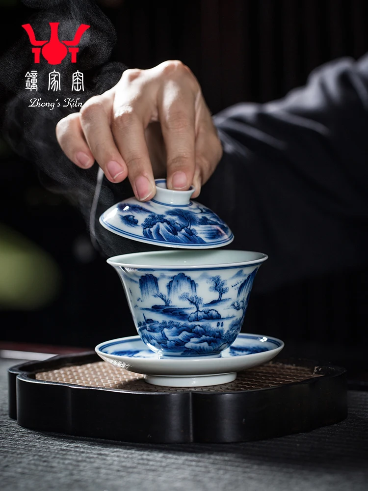 Zhongjia Kiln Ceramic Cover Jingdezhen Chaiyao Blue And White Hand Painted Landscape Sancai Cup Small 100cc Tea Making