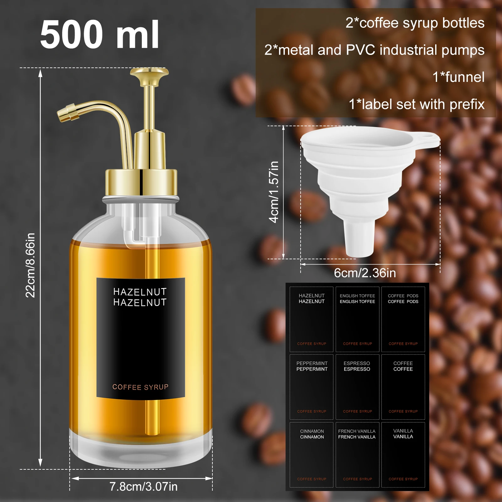 2Pcs Coffee Syrup Dispenser Set with Labels Funnel 500ml Reusable Glass Bottle Dispenser Clear Coffee Syrup Bottle BPA-free