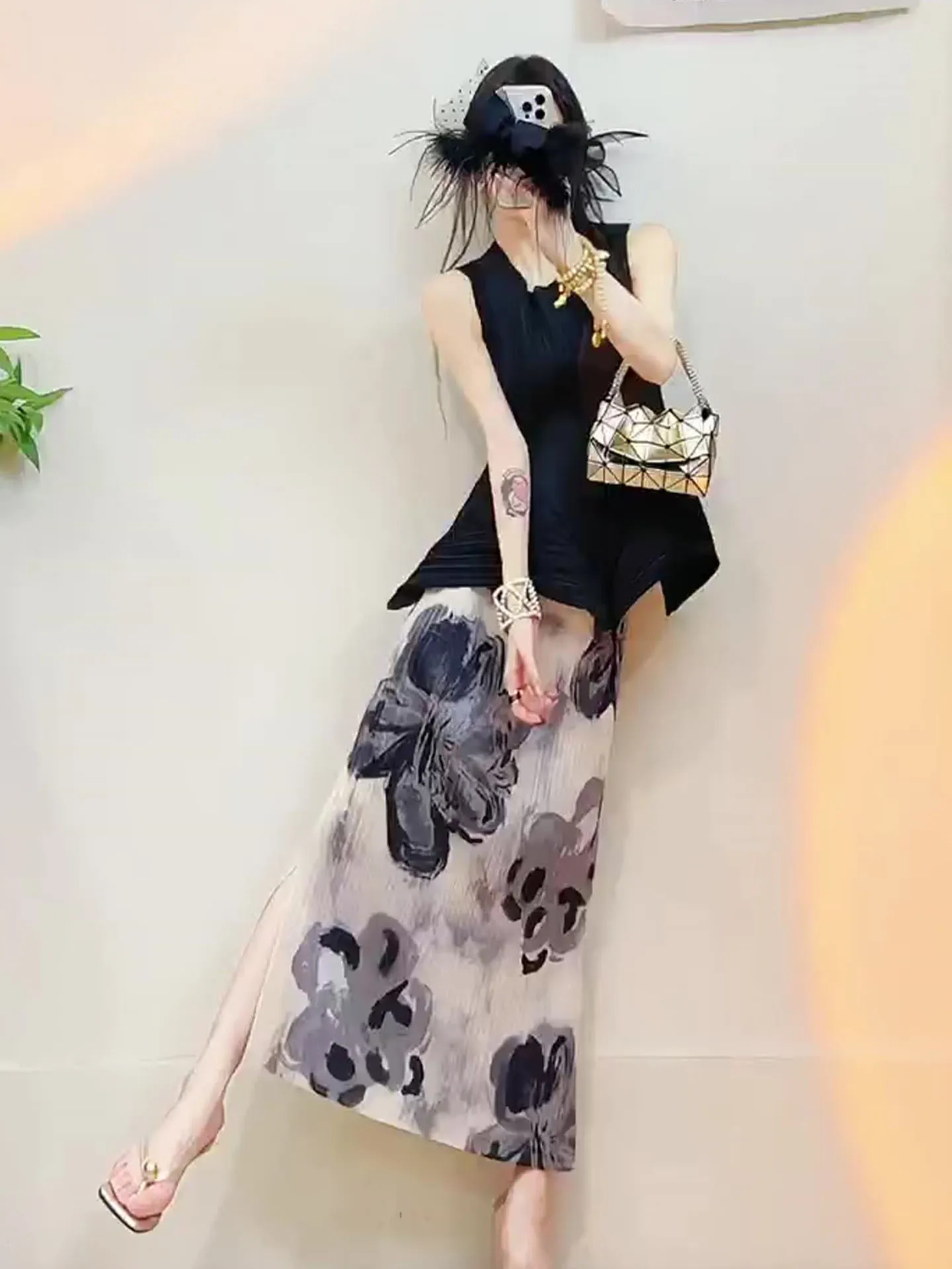 

Шикарный черный комплект в ретро-стиле: женский модный топ и плиссированная юбка с завышенной талией, летний наряд от Three Houses Art Creation