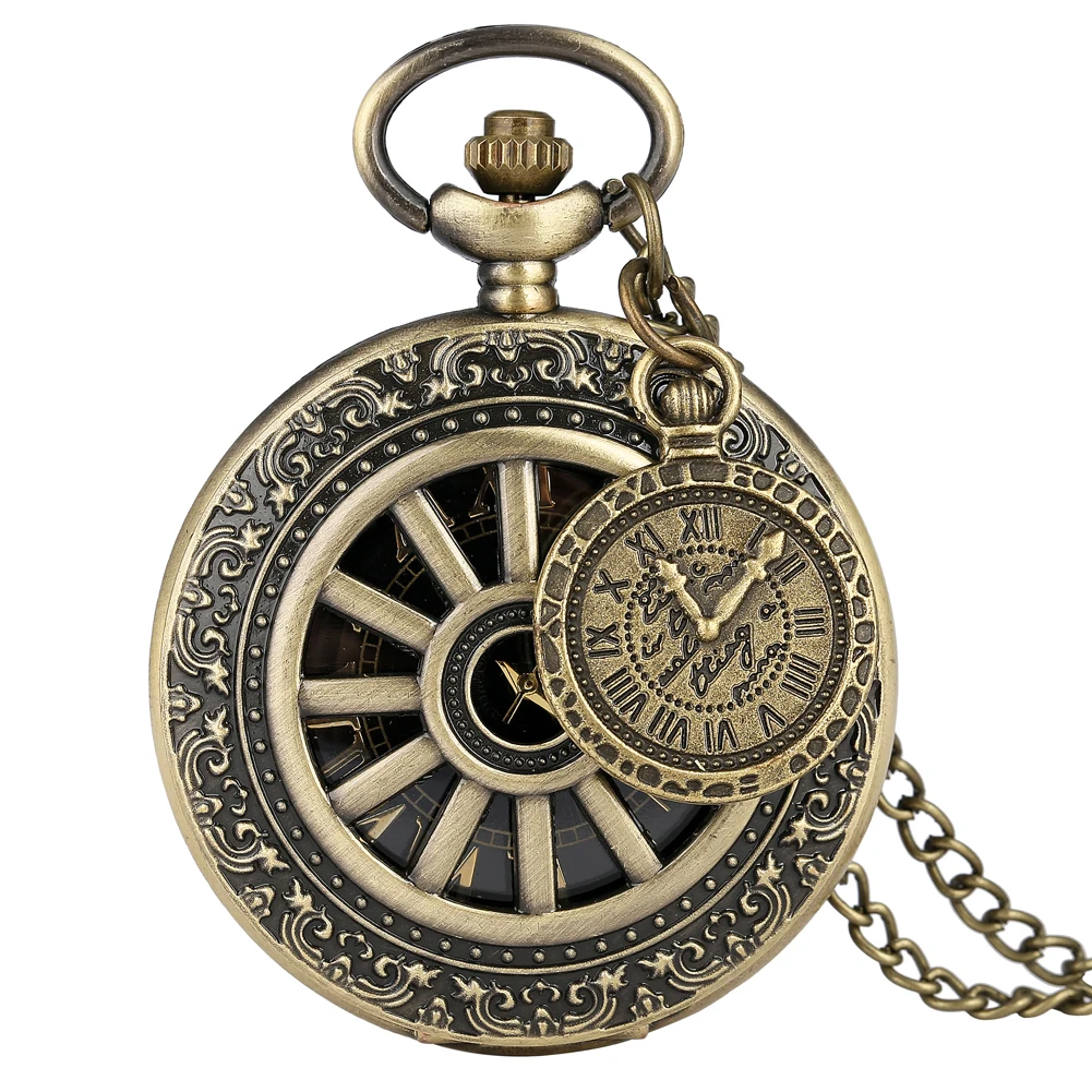 Bronze Hollow Pocket Watch Men Women Necklace Chain Pendant Accessory Quartz Roman Numerals Dial Retro Pocket Clock Unisex