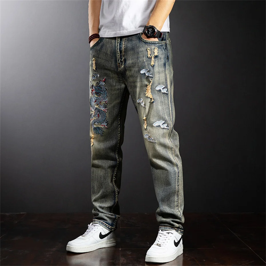 Dragon Embroidered Jeans Men Denim Pants Plus Size Fashion Casual Ripped Jeans Pants Plus Size 42 Trousers Male Bottoms
