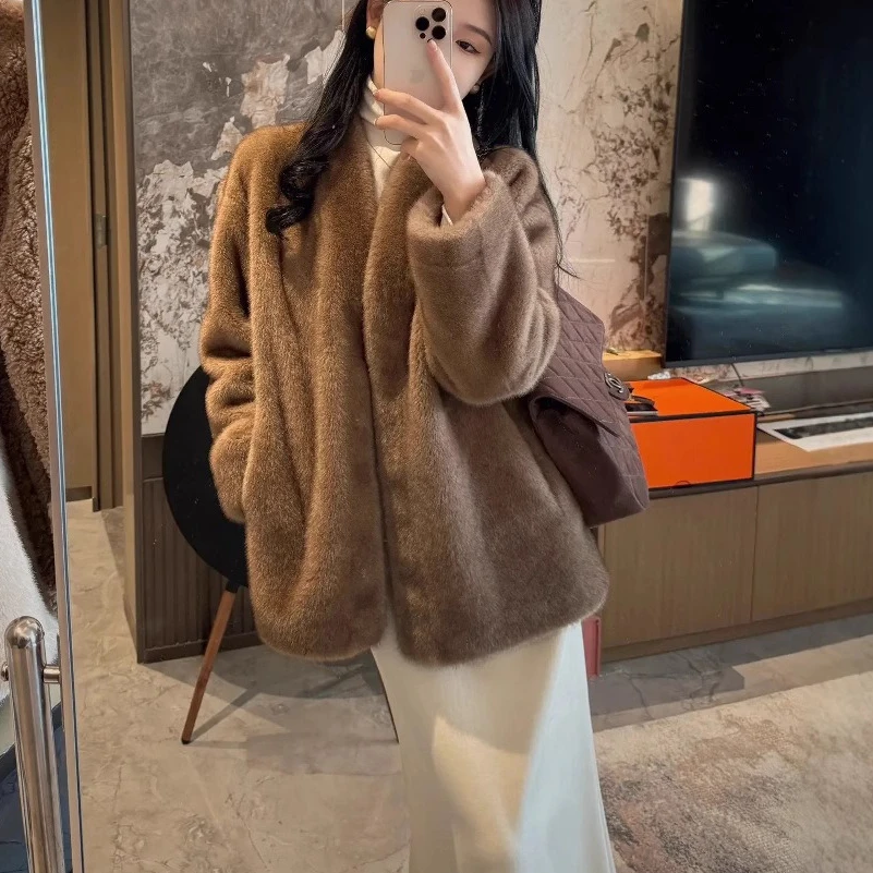 

Faux Fur Coats Women Mid Length Coat Y2k Streetwear Elegant Jacket Loose Open Stitch Thick Warm Outerwear 2025 Autumn Winter