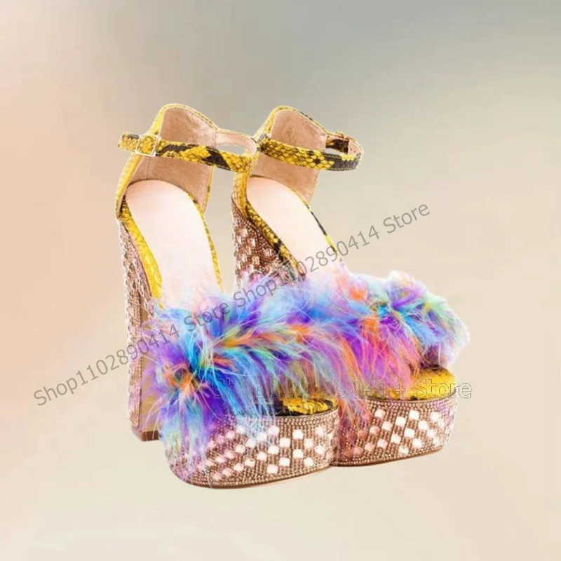 Colorful Feather Blings Snakeskin Print Platform Sandals Buckle Strap Women Shoes Chunky High Heels New 2024 Zapatos Para Mujere