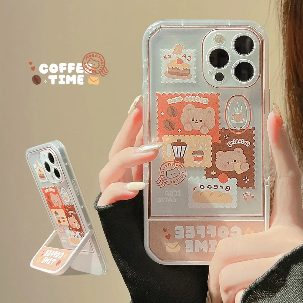 Retro stamp art Coffee Bear transparent Phone case For iPhone 16 15 14 13 11 12 Pro Max Xr 14 15 16 Plus case Cute stand Cover