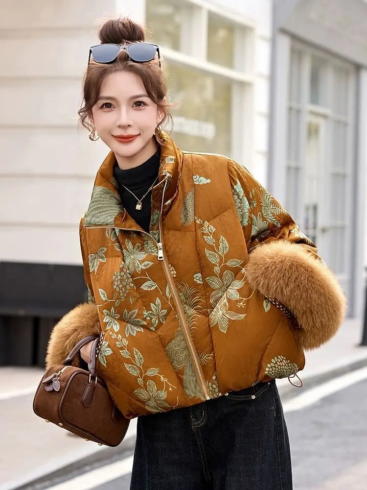 Luxury High Quality Down Jacket Warm Winter Women White Duck Down Coat Fur Patchwork Long-Sleeve Outerwear Vintage Print Top Zip