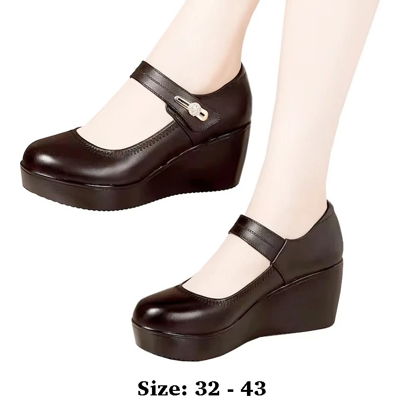 

High quality leather wedge shoe for women 6cm mid heel velcro round toe 32 33 34 elegant office autumn shoe black brown red