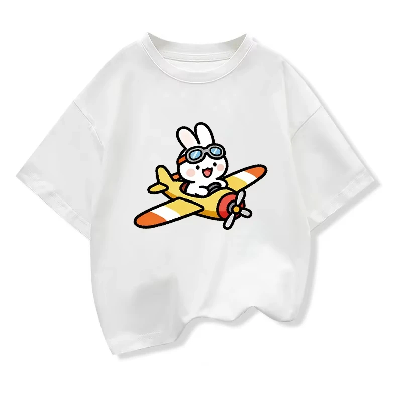 The Rabbit Flying The Plane Original Design Summer Children Clothing Kids Short Sleeve t shirts Boys Girls Casual Loose Tee Tops