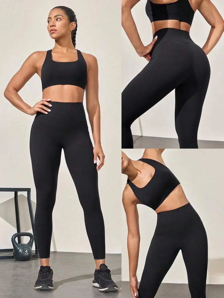 

High Waist Compression Leggings With Side Pockets 4 Way Stretch Medium Impact Workout Yoga Gym