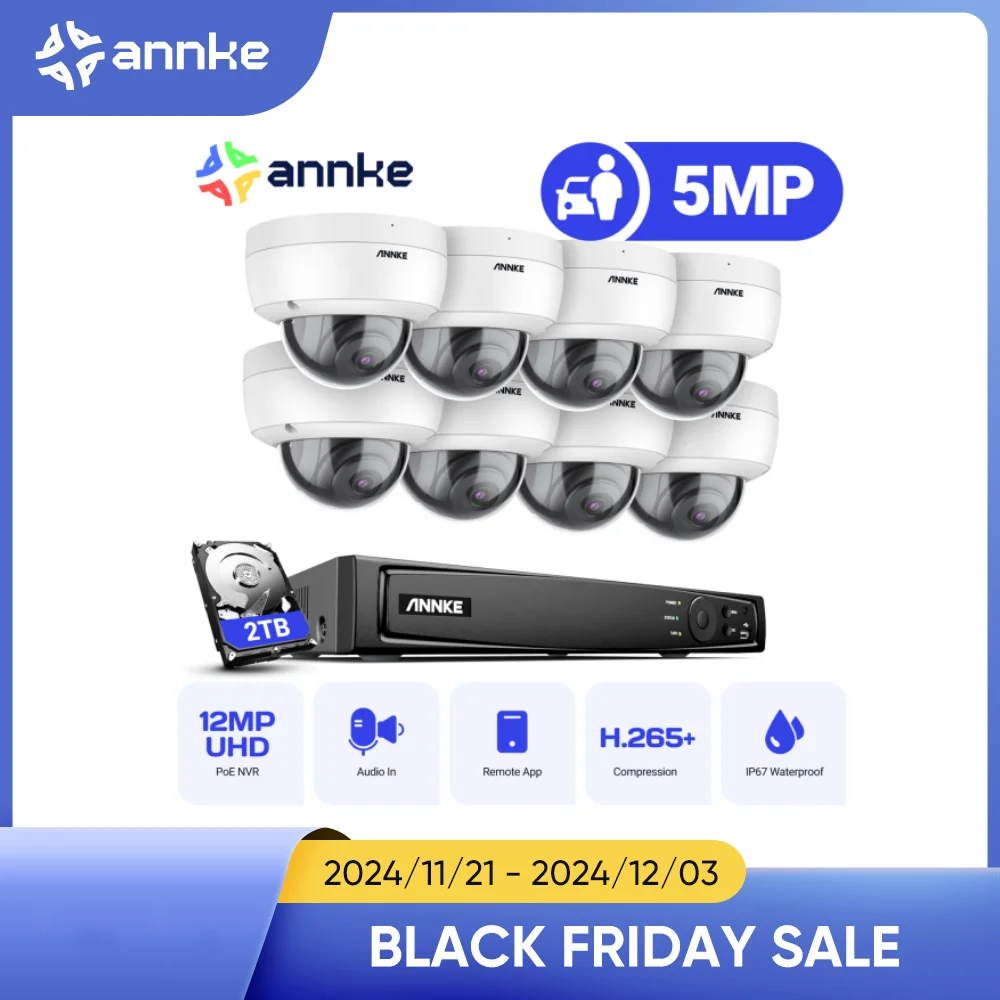 ANNKE 8CH Security Surveillance Kit 5MP Camera System Outdoor IR H.265+ Night Vision Built-in Mic Protection IP67 Remote Monitor