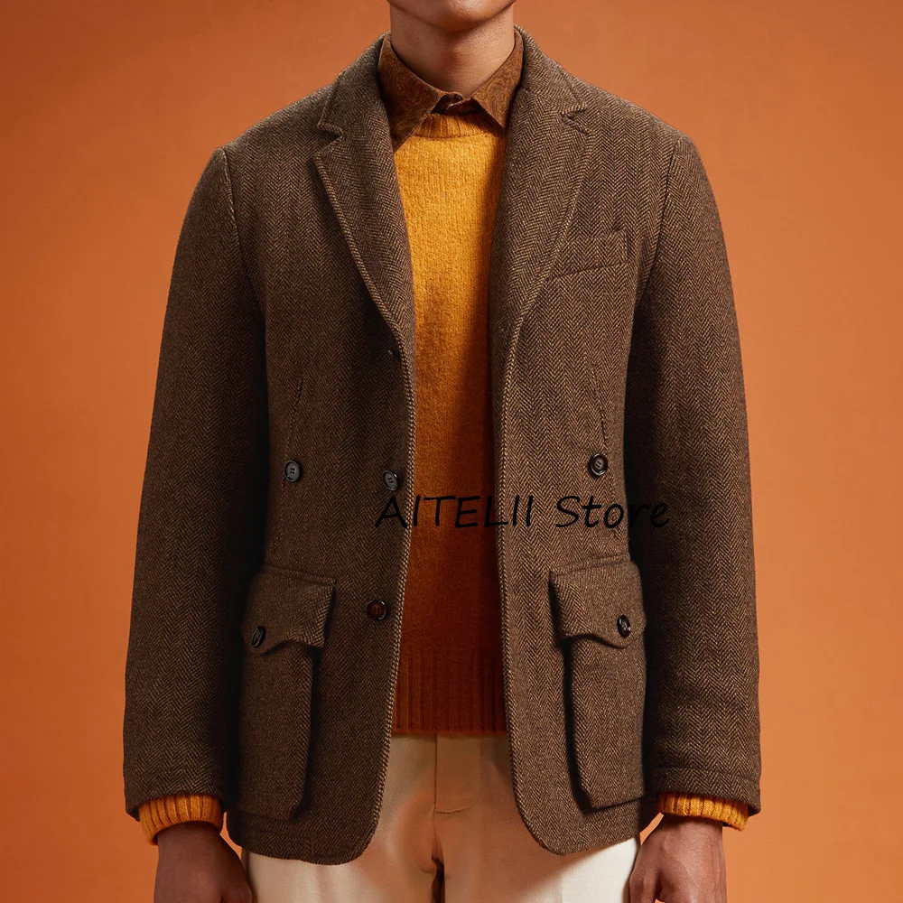 

Повседневный костюм с воротником, настоящее легкое пальто, стильные мужские куртки из ткани «елочка», однобортные костюмы с большими карманами, пальто для мужчин