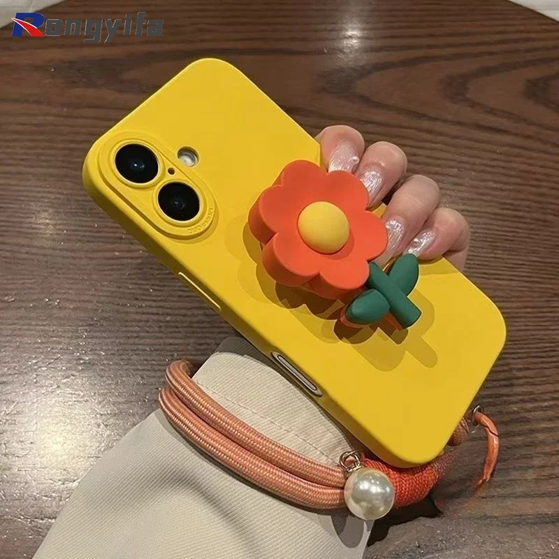 

For OnePlus 13 12 11 10 9 Pro 9R 9 RT ACE 5 3 2 Pro 5G Phone Case Orange Flower Stand Silicone With Hand Cover