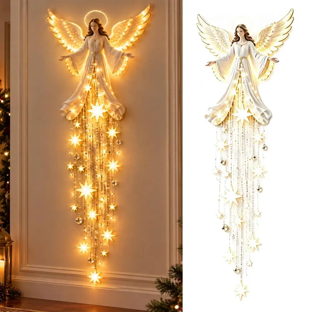 Lampa ścienna „Błogosławieństwo Anioła”, kaskadowa, świecąca lampa ścienna w kształcie gwiazd na Boże Narodzenie, figurka anioła z efektem spadających gwiazd LED, dekoracja do przedpokoju.