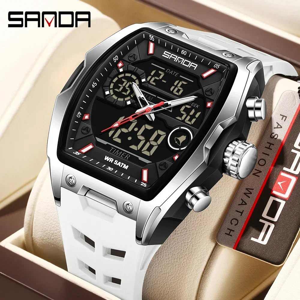SANDA 6235 Watch Barrel Big Dial Sports LED Analog Digital Chronograph Military Wristwatch Dual Display Electronic