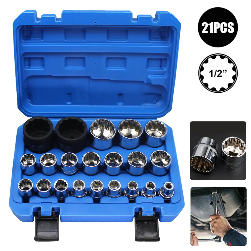 21-teiliges 1/2 Zoll Torx-Steckschlüssel-Set, Ratschenschlüssel-Werkzeug, 12-Punkt, 8–36 mm Spezifikation, Steckschlüsselkopf-Set, Auto-Reparatur-Werkzeug