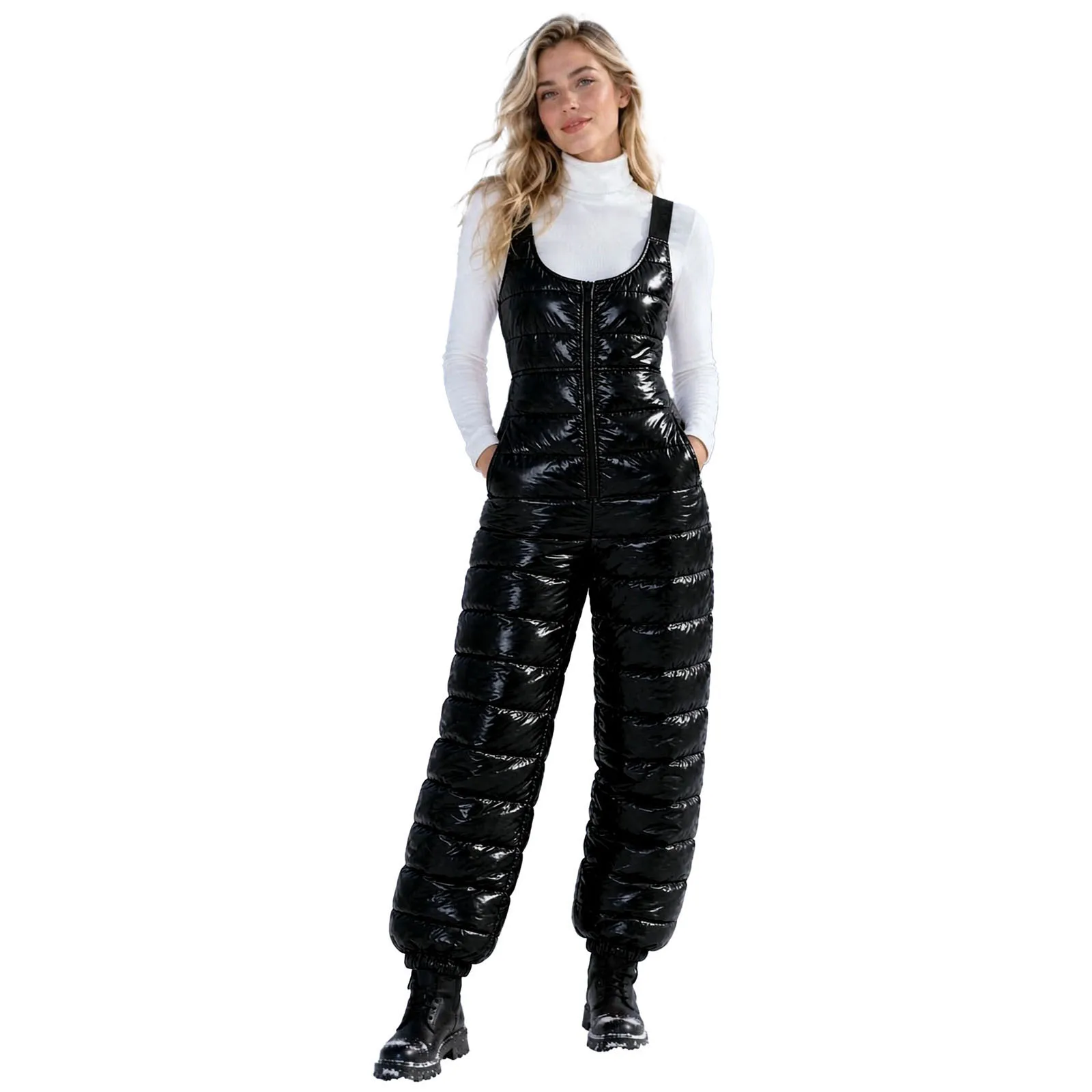 Women Waterproof Quilted Puffer Padded Bib Overalls Elastic Straps Zipper Jumpsuit Winter Skiing Snowboard Ice Skating Costume
