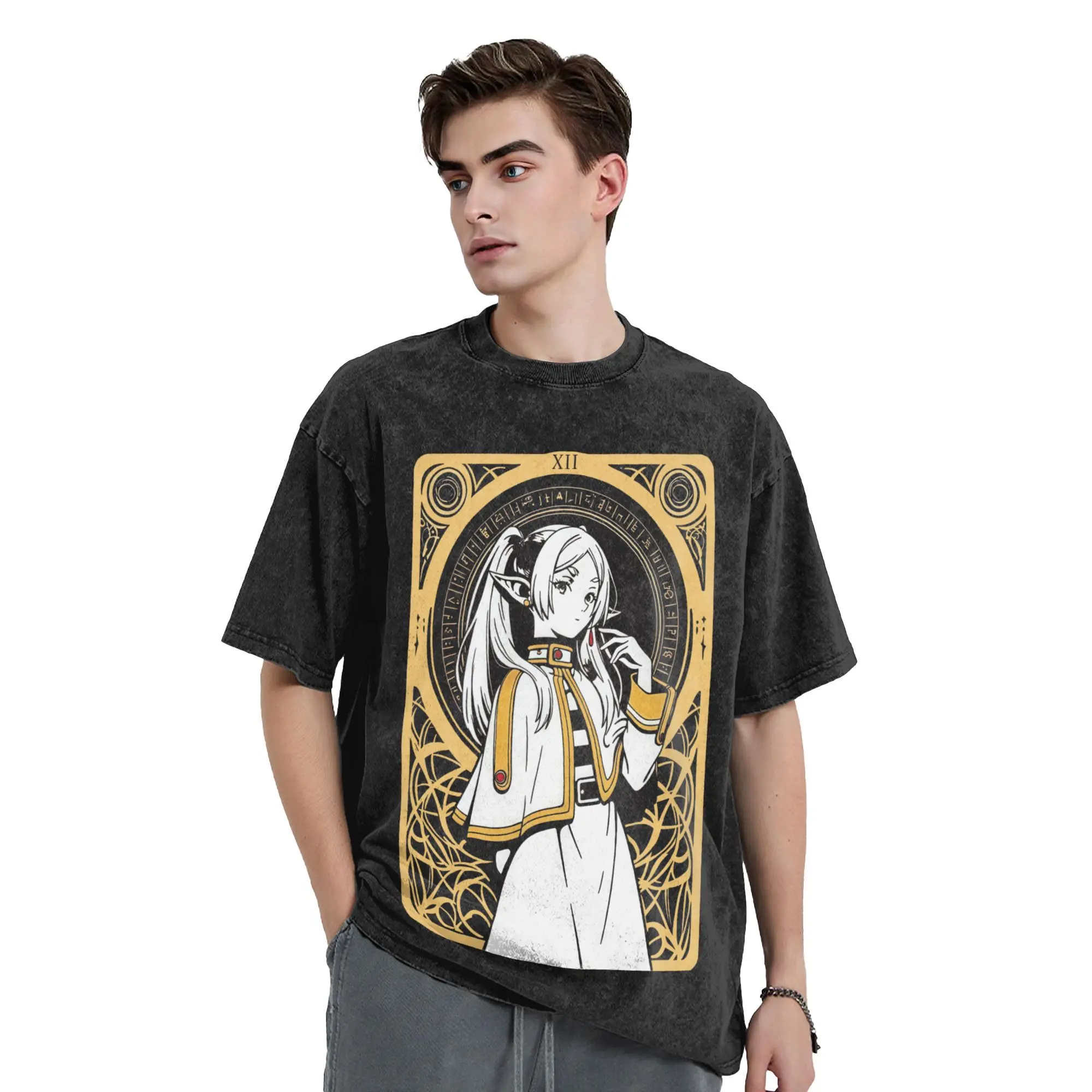 

Промытые футболки Frieren Beyond Journey's End Аниме Футболки Sousou No Frieren Уличная одежда 100% хлопок Летние футболки Мужчины Женщины