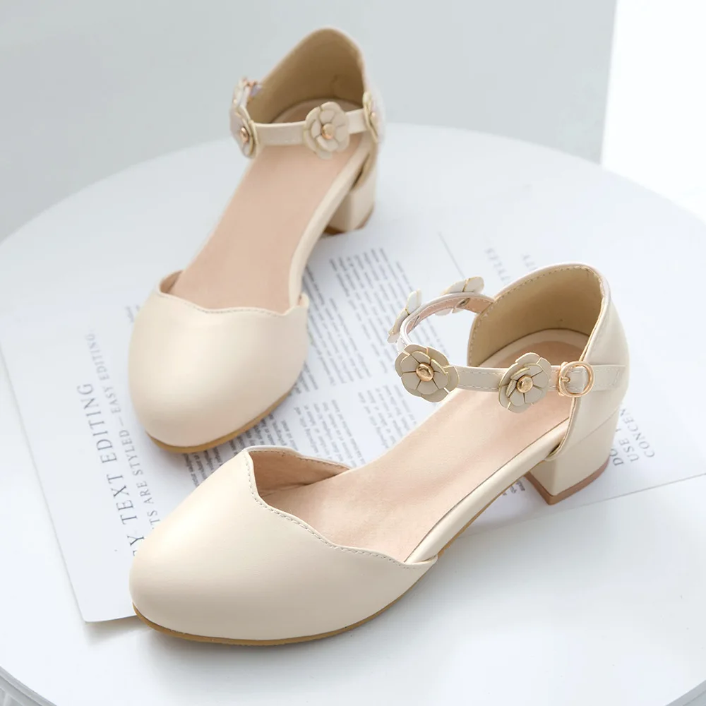 Children Girls Leather Shoes Fashion Flowers Princess High Heel Shoes Woman Pumps Girls Performance Dress Show Dance Sandals