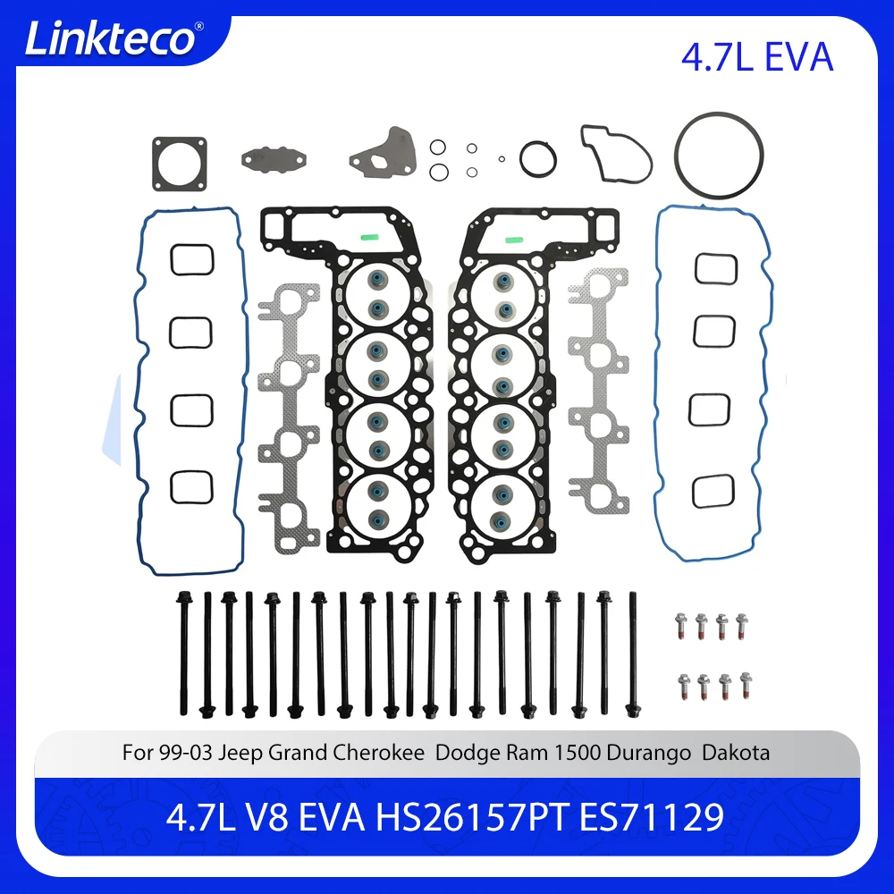 

Engine Head Gasket Set Bolts Fit 4.7 L V8 EVA SOHC 16 Valve For 99-03 Jeep Grand Cherokee Dodge Ram 1500 Durango Dakota 4.7L