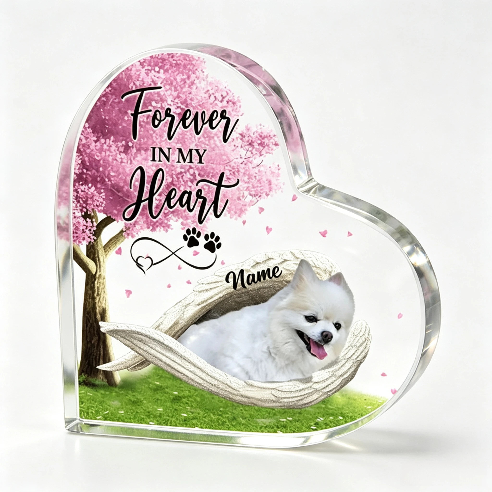 Personalized Pomeranian Sleeping Angel Acrylic Heart Shaped Plaque, Dog Remembrance Keepsake Desk Heart Decor, Memorial Gifts for Loss of Dog