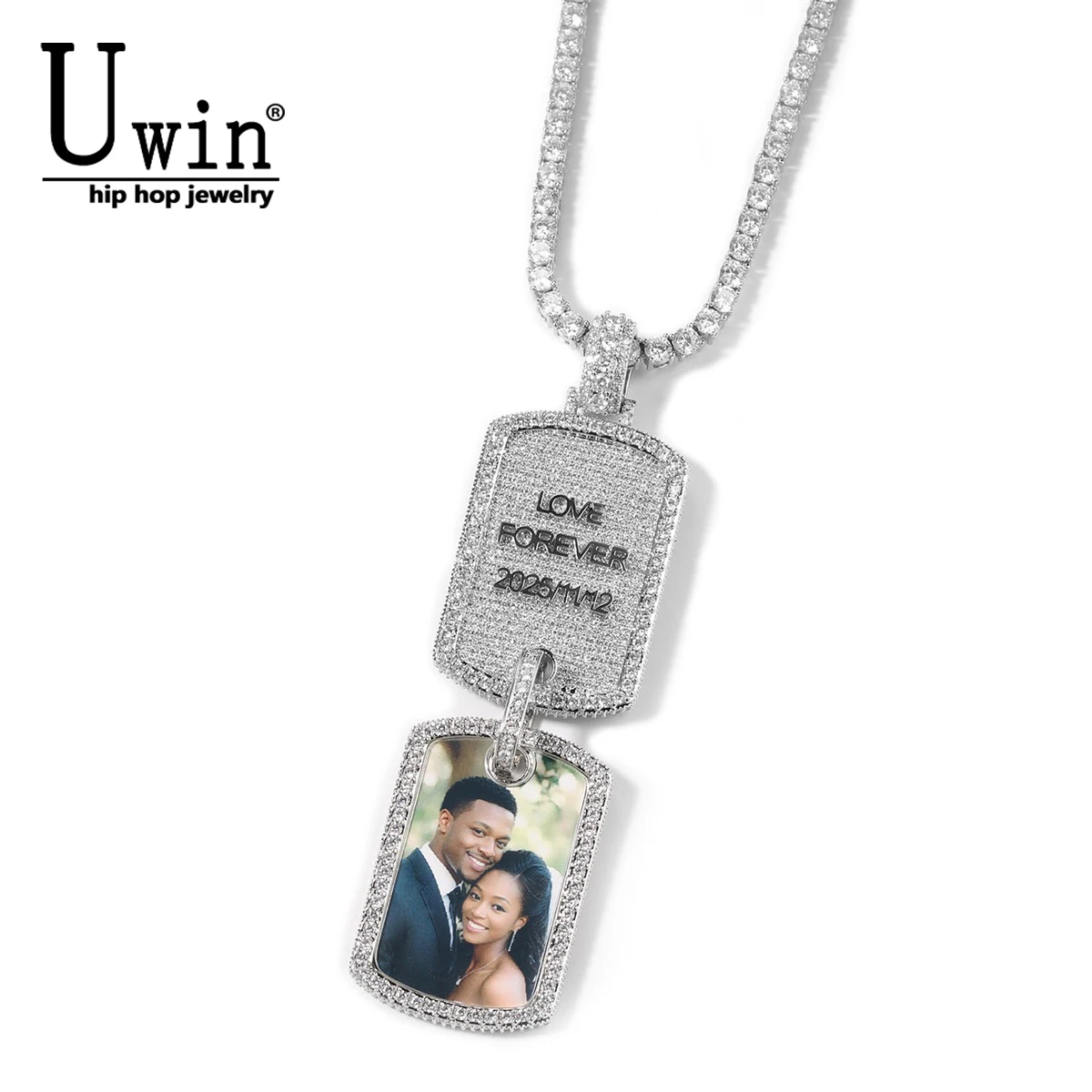 Uwin Custom Rectangle Tag Shape Photo Pendant Necklace Personalized Name Letters Support Engraved Memory Gift HipHop Jewelry