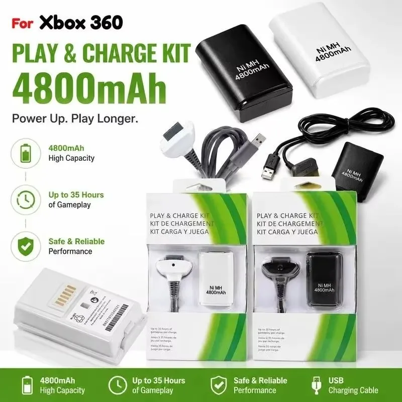 New 1 Set 2 in 1 4800mAh Gamepad Rechargeable Battery with Charging Cable for Xbox 360 Wireless Controller