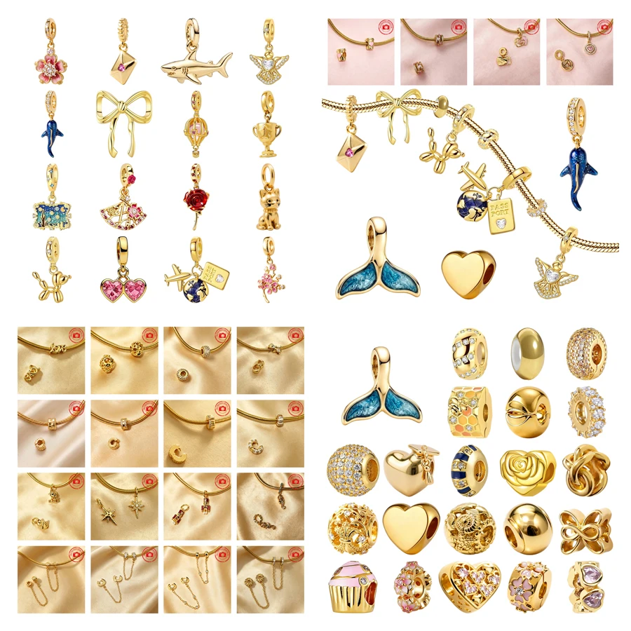 2026 Neue Original Goldene Anhänger Schleife Rote Rose Kirschblüte Bienen-Clip Perlen Passend für 925 Silber Schlangenarmbänder DIY Damen Schmuck Geschenk