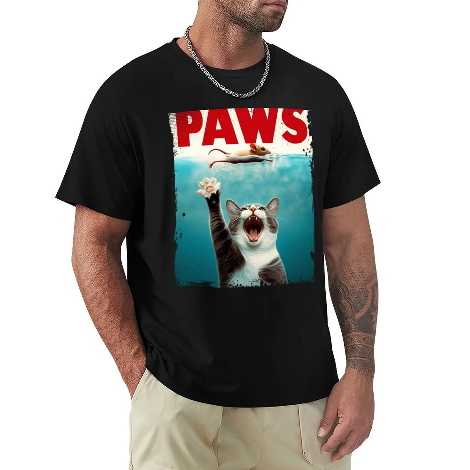 

Jaws - Paws, funny cat catching a mouse T-Shirt Everyday Wear Basic Short Sleeve Top
