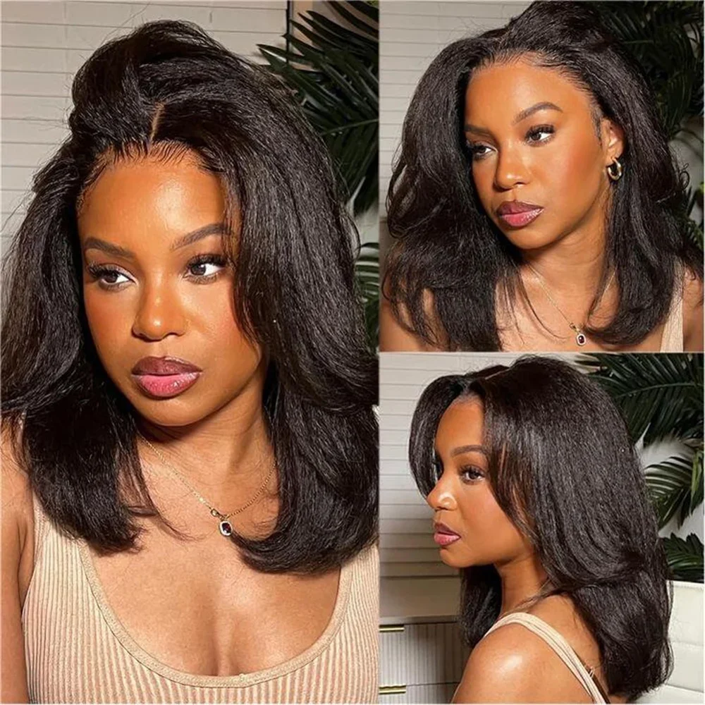 

Soft Long Glueless Yaki Wave Natural Black 30Inch 180Density Kinky Wave Lace Front Wig For Women Synthetic Baby Hair Preplucked