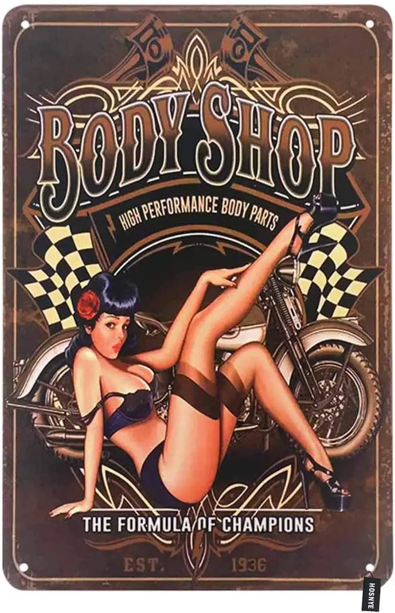 HOSNYE Body Shop Pin Up Girl Tin Sign Sexy Women with Motor Bike Brown Backdrop Vintage Metal Tin Signs for Men Women Wall Art D