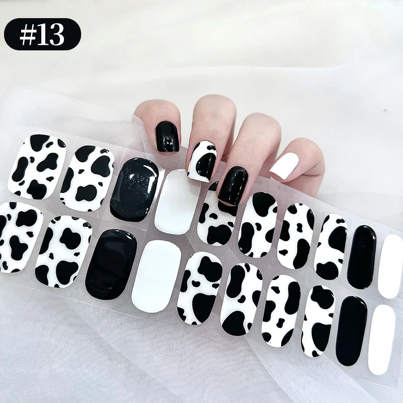 Black White Semi-cured Gel Nail Strips Autumn Leopard French Heart Glitter Glow in Dark Full Cover Gel Sticker Manicure Sliders