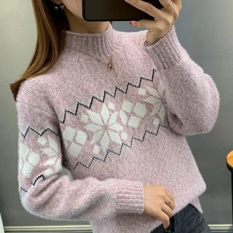 High Collar Knit Sweater with Floral Print, Long Sleeve, Korean Style, Harajuku Fashion, Autumn and Winter Pullover