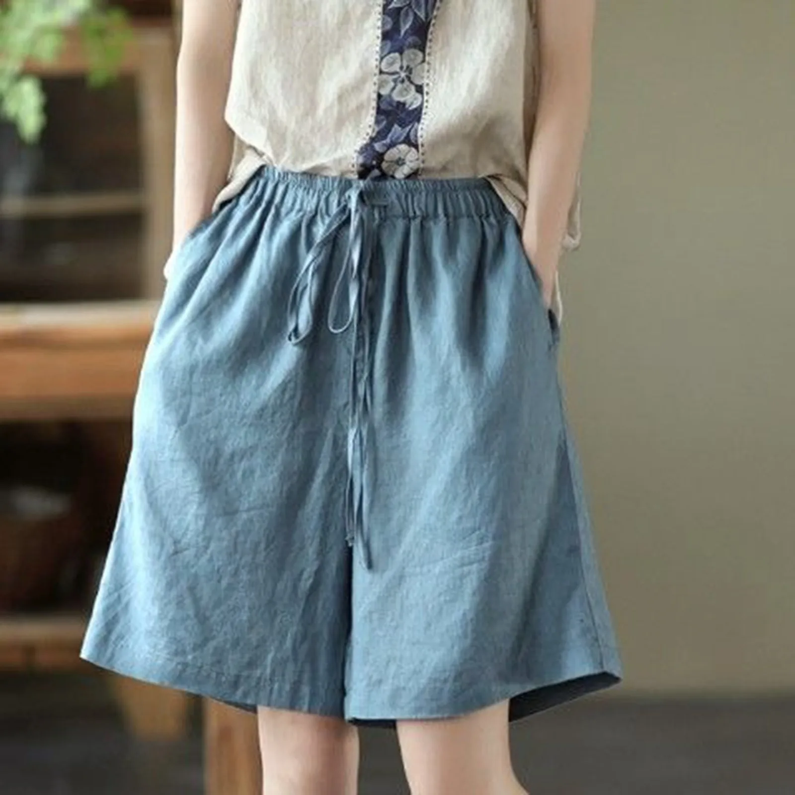 

New Slimming Effect 95 Cotton Wide Leg Loose Fit Summer Thin High Waist Versatile Five-Quarter Casual Shorts Women'S Fashion