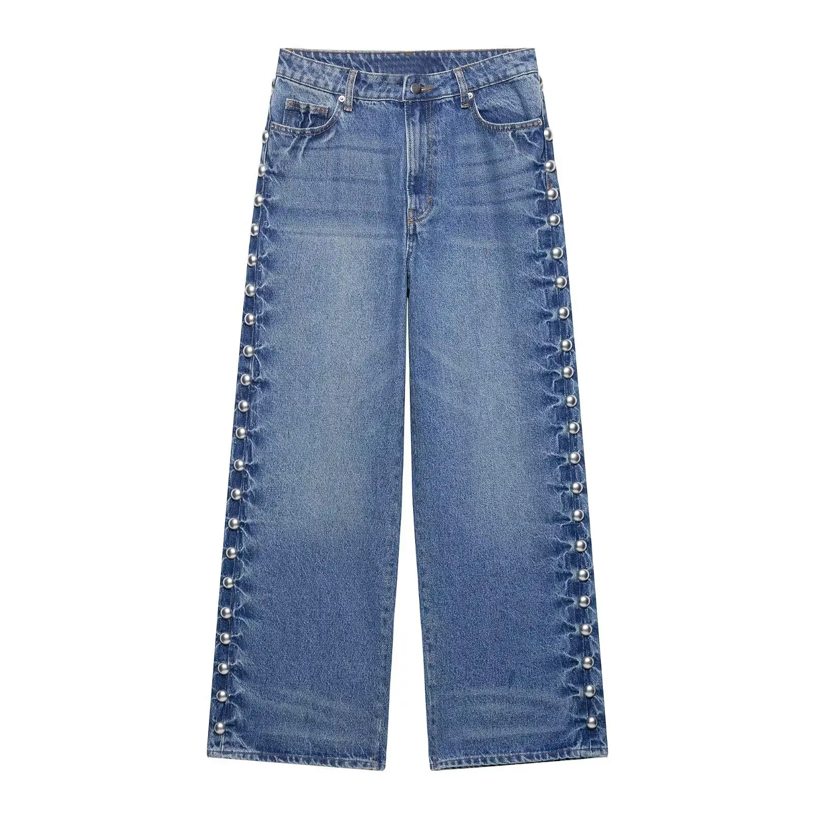 

BM&MD&ZA Women's Casual Loose Low Waist Denim Straight Leg Long Pants with Metallic Silver Dot Bead Decoration