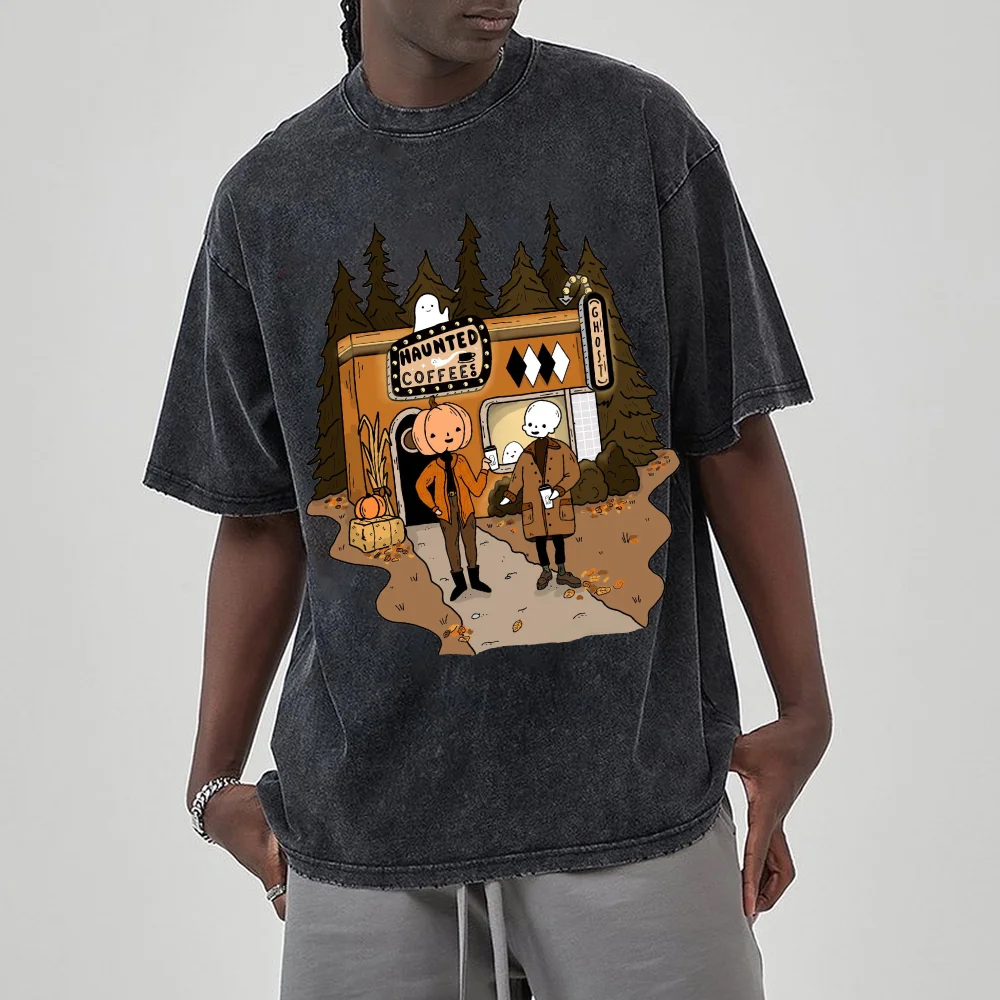 Halloween Pumpkin Print Spoof T-Shirt Ladies Washed Oversized Stretch Short Sleeve Arajuku Style American Vintage Top