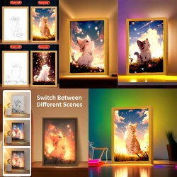 Cute Cat Light Painting Picture Frame Kawaii Led Night Light Home Bedside Table Room Decor Friends Kids Birthday Gifts Moon Lamp