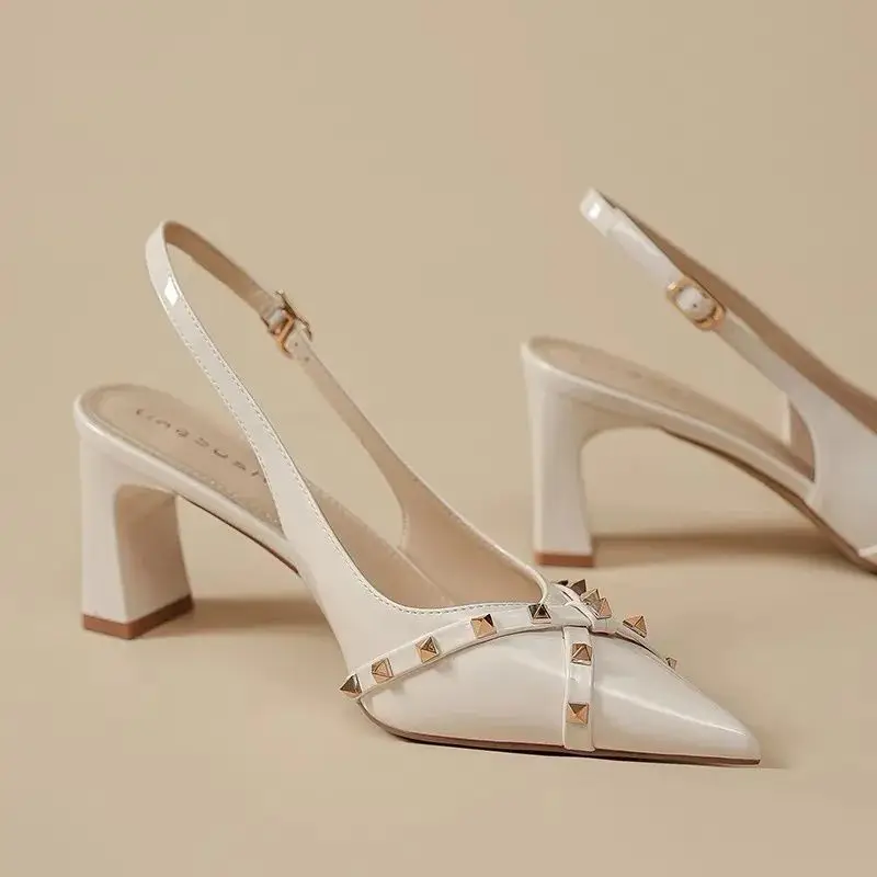 Fashion Sandals 2026 New Item Baotou Thick Heel Female Rivet French Fairy Style Single Shoe Pointed Lacquer Leather
