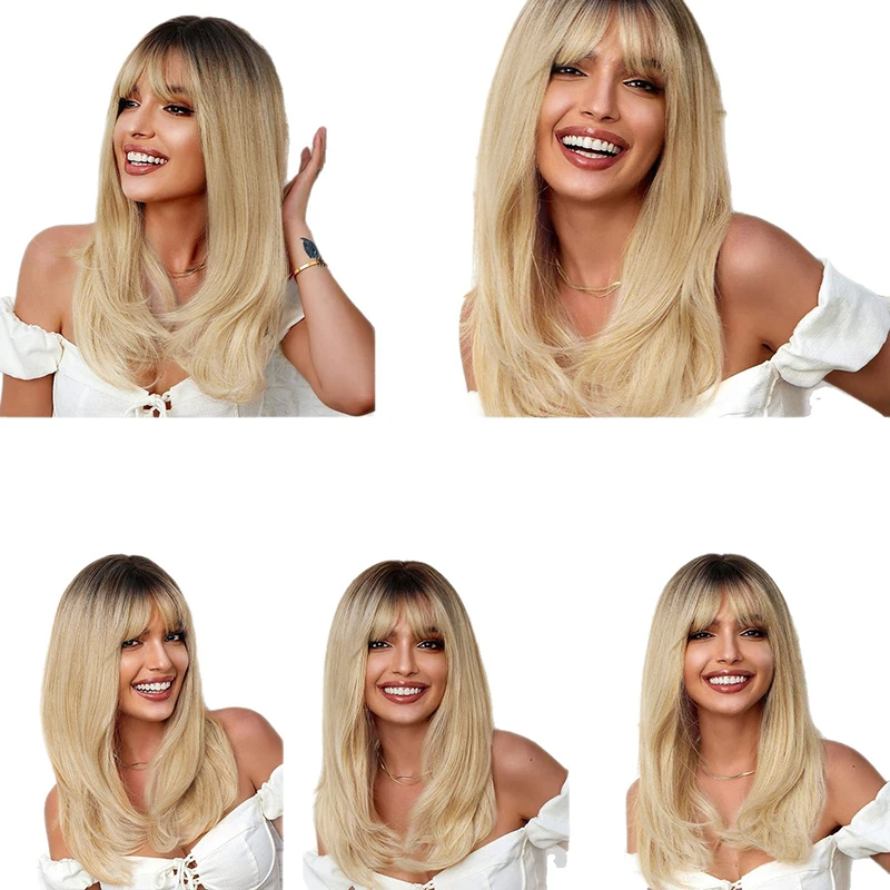 

Lady Daily Wear Straight Bangs Long Style Wig Cover Evening Party Clothing Match Headwear Gradient Color Wig Bar Long Curly Hair