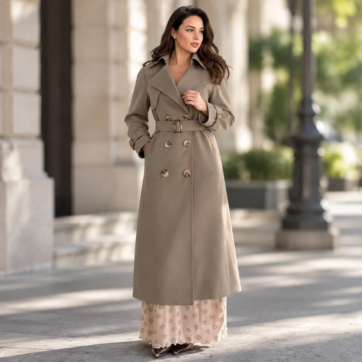 Turn Down Collar Notched Lapel Coat Extended Length Commuter with Double Breasted Composite Construction Elegant Women Coat