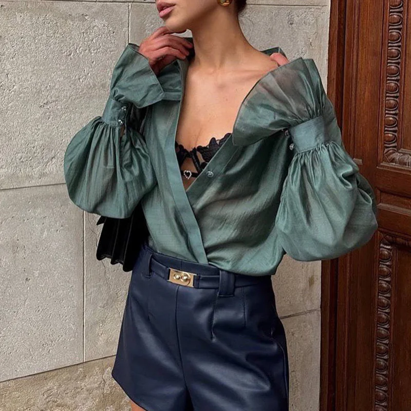 Casual herfsttopjes met enkele rij knopen Blusa Temperament revers blouse met lantaarnmouwen Vintage effen kleur losse damesoverhemden