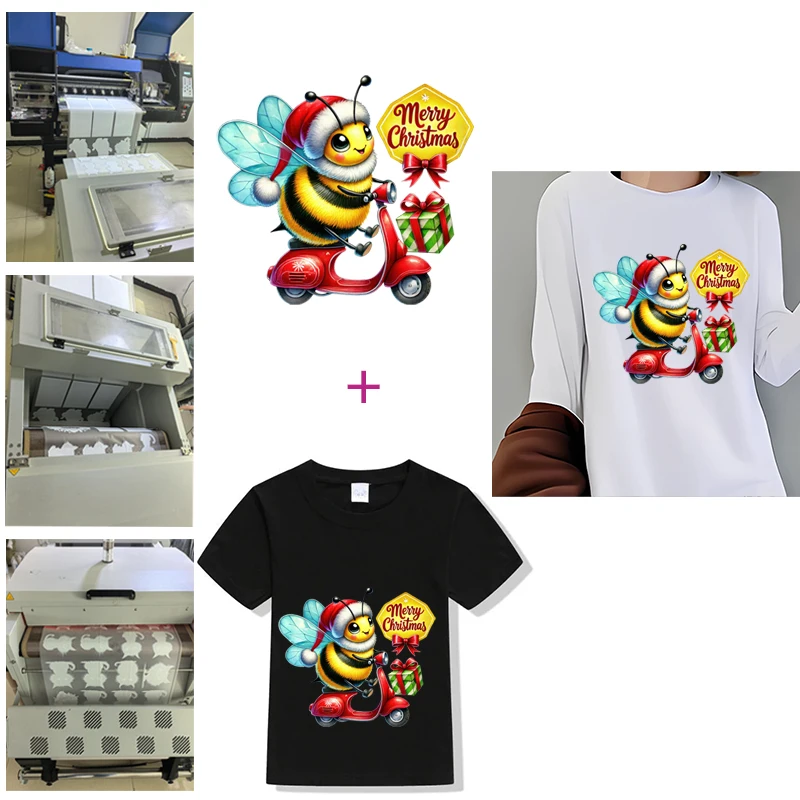 Cartoon Christmas Flower Bee Sweet Bees Transfer Patches For Clothes Stickers DIY Washable Shirt Iron-on Thermal Stickers