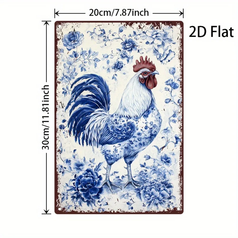 Vintage Rooster & Floral Metal Sign | 8x12 Inch Blue White Red Rustic Wall Art for Cafe & Beach House
