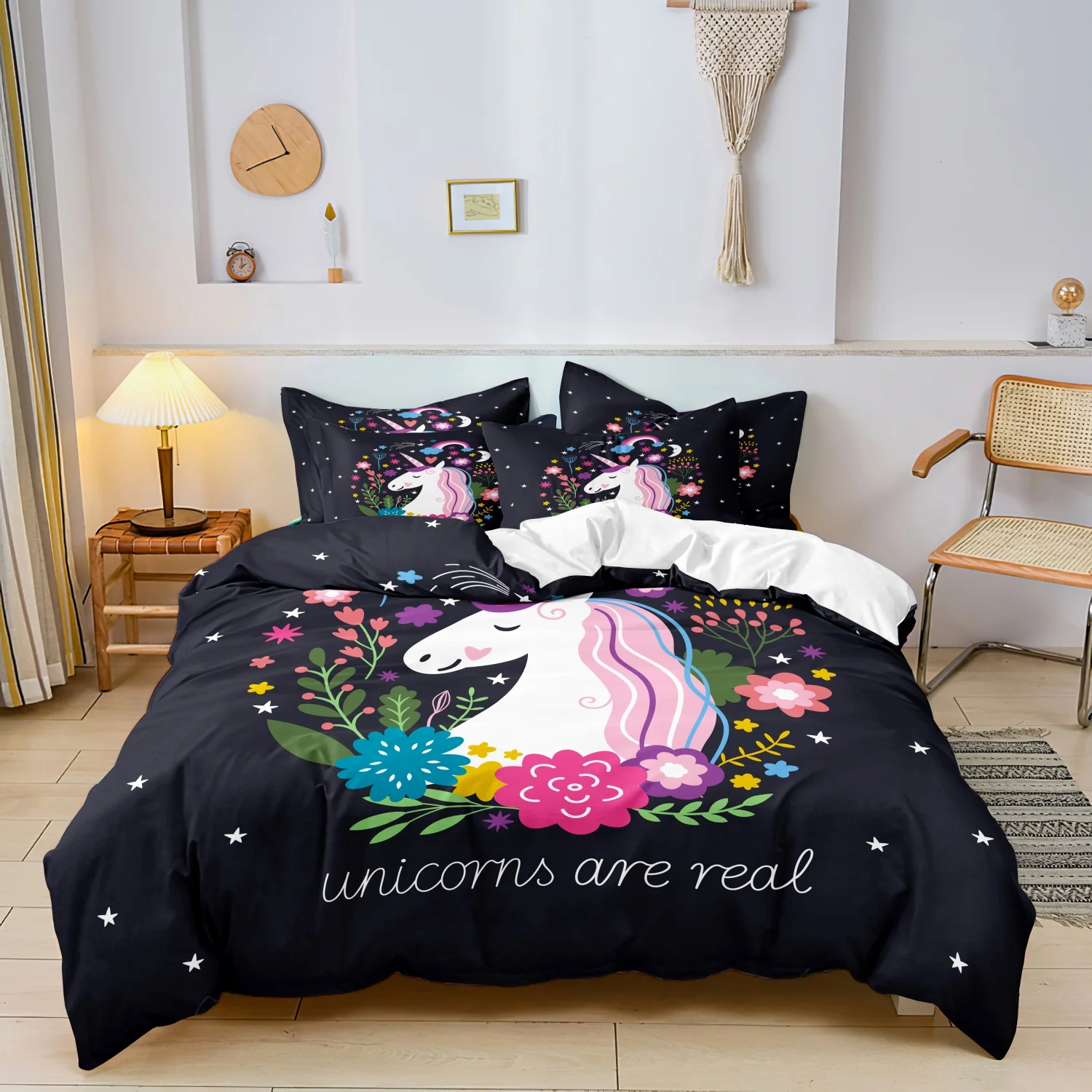 3 Pieces Dark Starry Unicorn Duvet Cover Bedding Set, Ultra Soft Breathable Microfiber Bedding, Ideal Whimsical Decor Gift