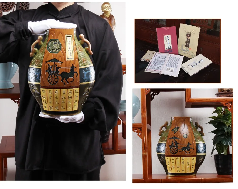 CHINA national present business Military THE ART of WAR # Sun-Tzu # Retro SUNZI Ceramic vase statue+SILK BOOK Collector Edition