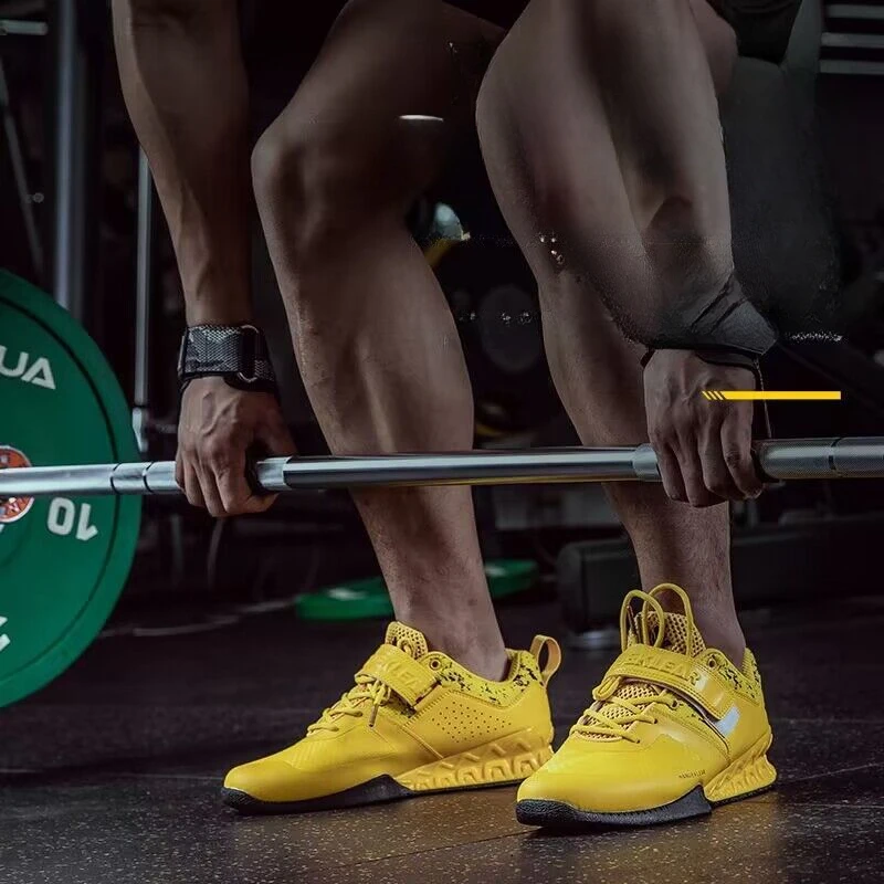 Professional Men\'s Weightlifting Training Shoes Large 46 Deep Squat Hard Pull Shoes Men\'s Yellow Black Weightlifting Shoes