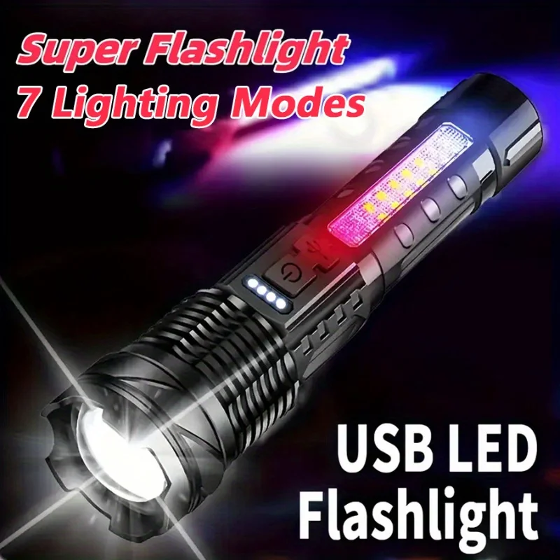 

Outdoor Portable LED Flashlight USB Rechargeable Torch LED Flashlight 7 Lighting Modes with Side Lights Work Search Light
