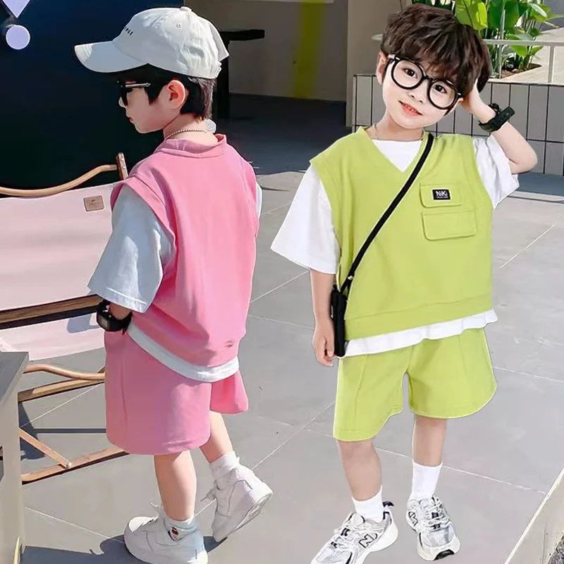 2-8 Years Boys Summer Fashion False 2-Piece T-shirt & Shorts 2-Piece Outfit Kids Casual Loose Short Sleeve Spliced Tracksuit Set