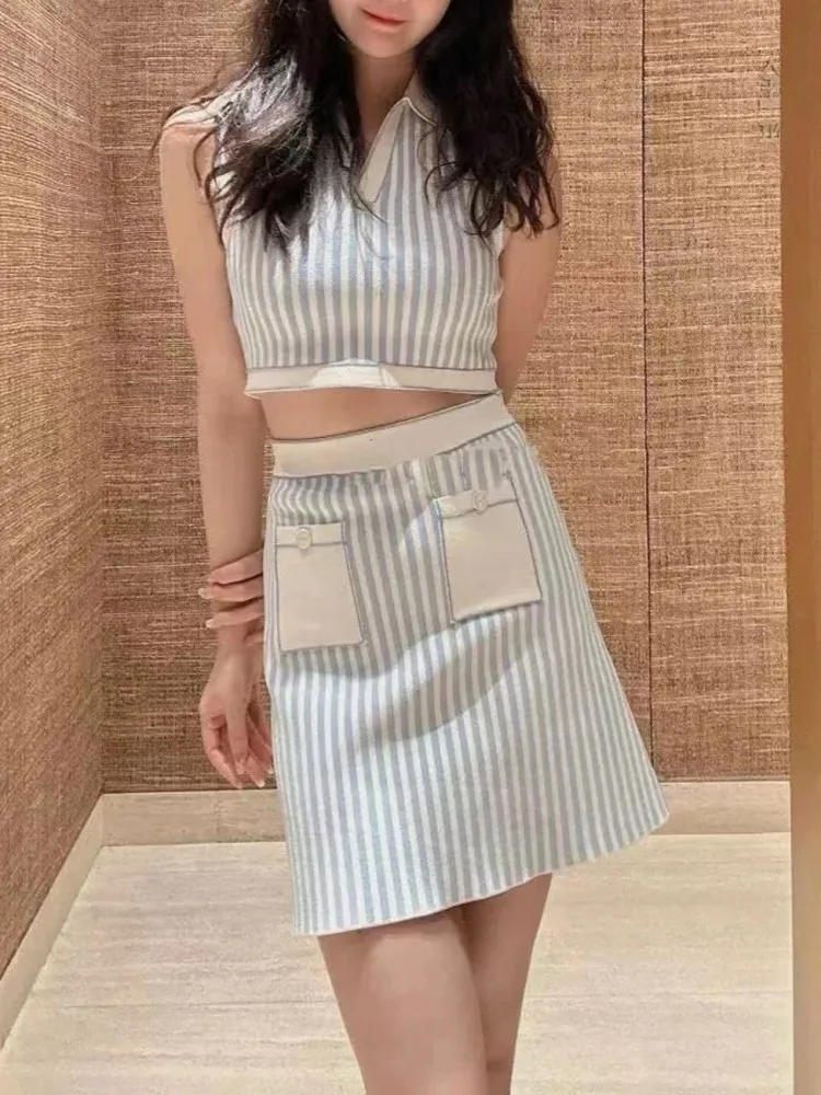 Summer Women Slim Fit Striped Tank Tops Mini Skirt Two Piece Set Lapel Collar Sleeveless Knitted Cropped Top A Line Skirt Sets