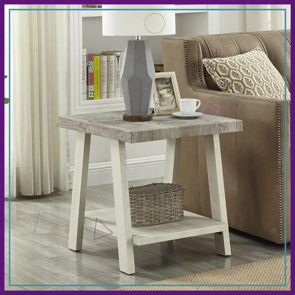 

Contemporary Two-Tone Wood Shelf End Table in Weathered Gray and Beige, Modern Side Table for Living Room