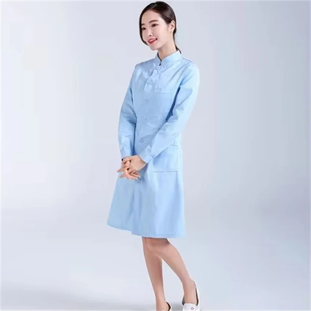 Les infirmières portent des manteaux blancs de printemps à manches longues sont ouverts col montant rose femme hôpital pharmacie vêtements de travail vêtements de beauté