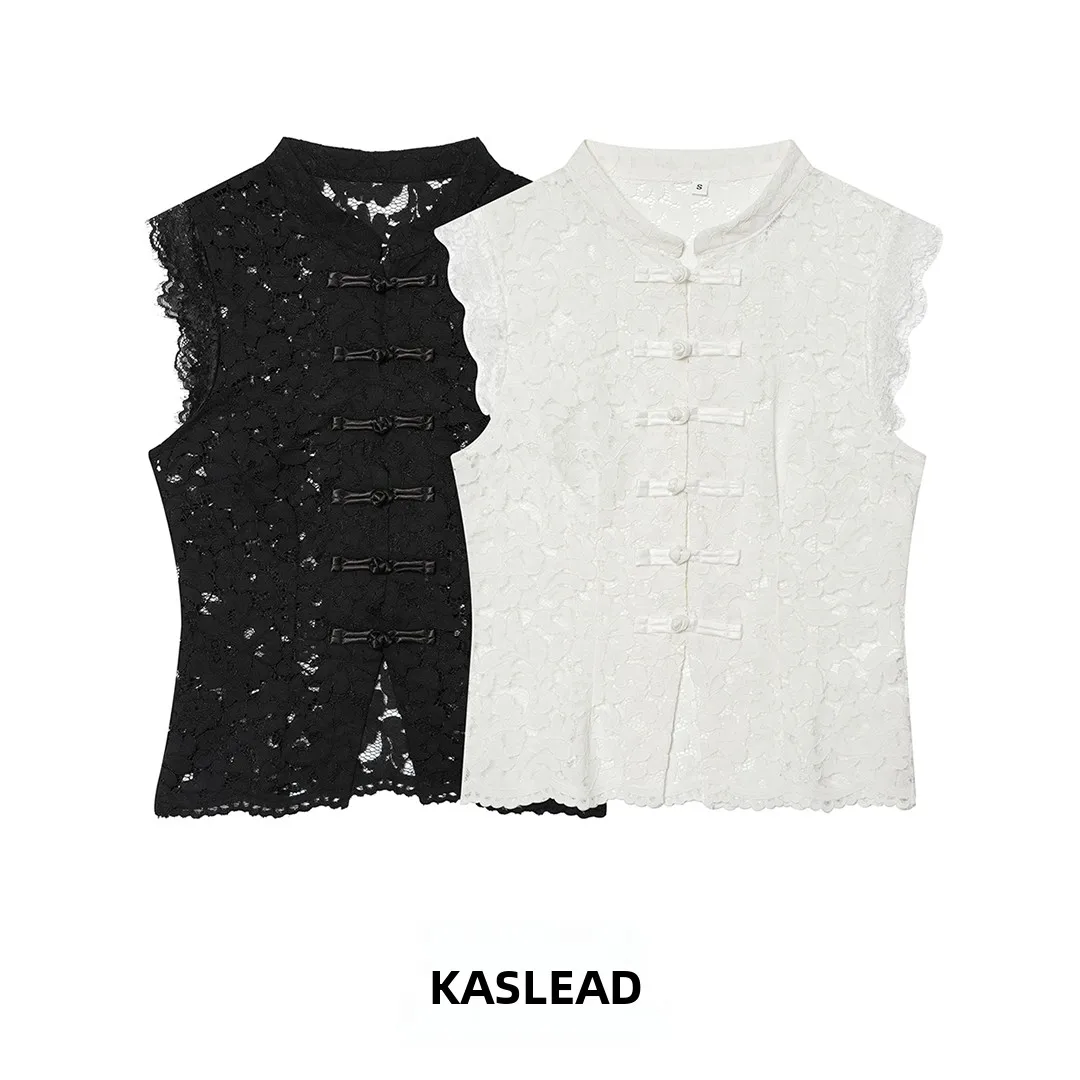 KASLEAD Women's Lace Trim Split Hollow out Sleeveless Shirt European Style Slim Fit Polyester Fiber Skin Friendly Breathable